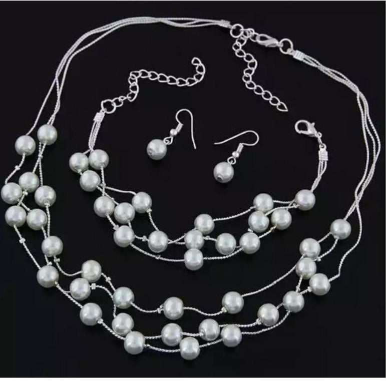 Wholesale 3pcs/pack Fashionable Sweet Pearl Multi-layered Temperament Necklace Earrings Bracelet Set